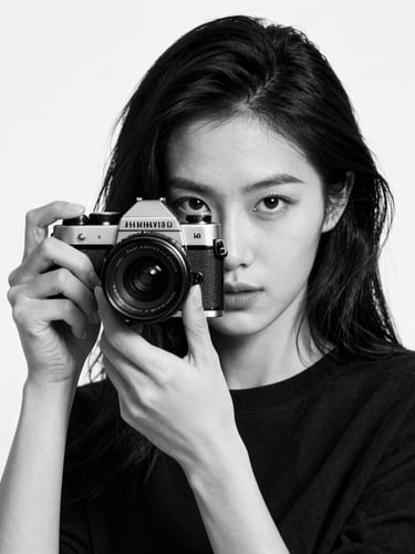 Stark monochrome portrait of a female creator holding a small film camera, looking directly at the lens, high-contrast studio lighting, deep blacks