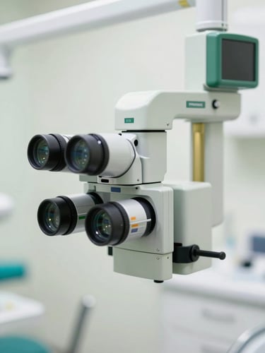 Close-up of a high-end dental microscope in a bright, clean modern clinic, elegant green and gold accents, shallow depth of field, 35mm