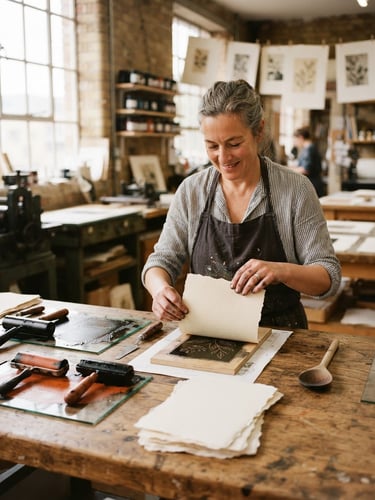 A close-up environmental portrait of a printmaker in a sunlit warehouse studio, ink rollers and raw paper sheets arranged on a heavy oak table, warm editorial photography.