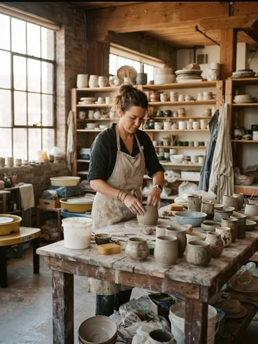 A wide environmental portrait of a ceramicist in a sunlit industrial loft, clay vessels and raw stoneware on a heavy wood table, natural window light, rich organic tones.