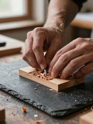 Close-up of hands carefully carving a woodblock for printing, fine wood shavings on a dark slate workbench, focused directional side lighting, tactile and authentic.