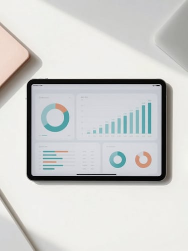 Flat-lay of a modern minimalist workspace with a tablet displaying clean, abstract data charts, bright natural daylight, sharp focus, 35mm lens