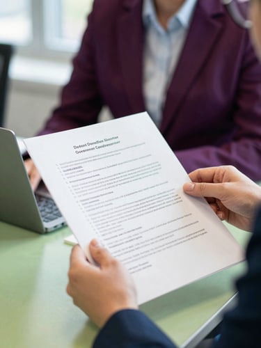 Close up of hands reviewing a structured government tender document in a bright Kingston office, focused business training setting, professional editorial photography