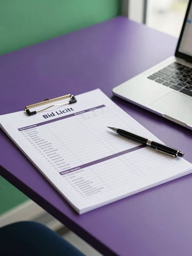 A clean, modern desk in Kingston with a printed bid checklist, a pen, and a laptop showing financial charts, bright natural daylight, professional editorial photography