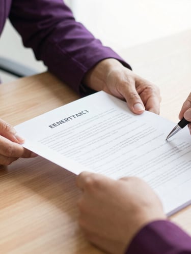 A close-up of professional hands reviewing structured government contract documents on a clean wooden desk, bright natural daylight, 35mm lens