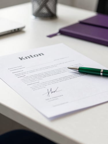 Close-up of a signed contract document with a green pen resting on top, clean modern desk in Kingston, bright morning light, professional editorial style.