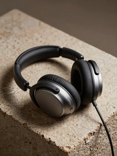 Close-up of a high-end minimalist audio headset resting on a textured sandstone block, soft shadows, warm editorial light.