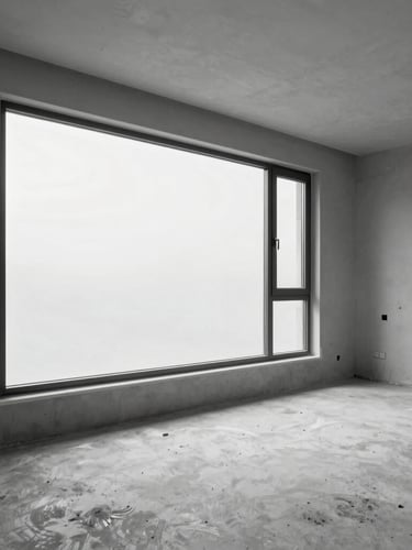 Spotless minimalist interior under construction, protected window frames with clean tape, dust-free concrete floor, professional setup