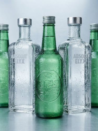 Crisp commercial product photography of condensation-beaded green soju bottles and premium clear glass bottles on a cool silver background, bright studio lighting with sharp focus.