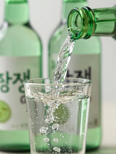 Close-up macro shot of clean soju poured into a traditional glass, condensation-beaded green bottle in the background, cool natural daylight