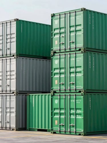Sleek shipping containers stacked at a modern deep-water port, cool morning daylight, sharp focus, industrial scale, emerald green accents