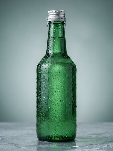 Crisp commercial product photography of a premium condensation-beaded Ilpoom Jinro bottle, cool emerald and silver tones, bright studio lighting, sharp focus