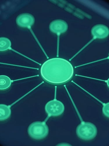 Macro close-up of a high-tech clean digital interface showing semantic nodes and data flows, cool studio lighting with deep blue and emerald green glow, sharp focus, 35mm