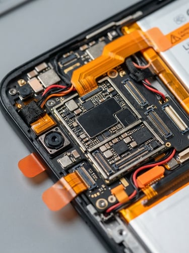 Extreme close-up macro shot of pristine internal phone components under clean white workbench light, safety-orange accents, sharp details, 35mm