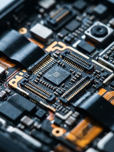 Extreme macro studio shot of a disassembled smartphone interior, showing pristine gold contacts and microchips under crisp cool-toned workbench illumination, high-contrast, 35mm