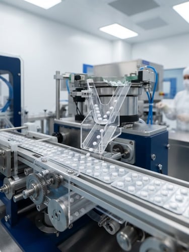 Macro photograph of automated blister-packing line in a sterile white cleanroom, bright clinical lighting, deep blue accents, 35mm lens