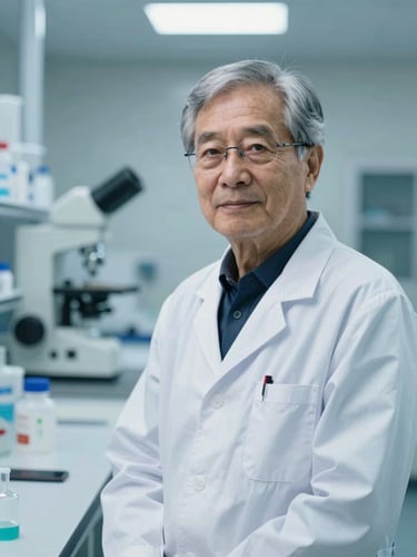 Professional portrait of a senior pharmaceutical scientist in a clean laboratory setting, soft blue and green lighting, sterile environment, sharp focus