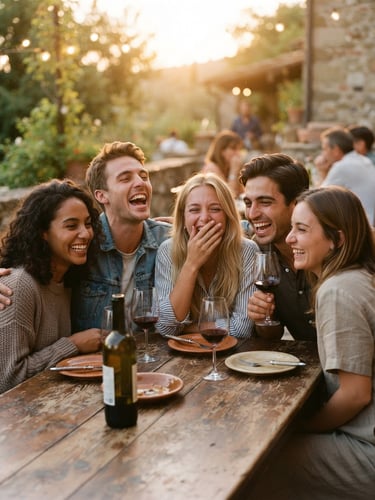 Close-up of friends laughing around a rustic wooden table, warm golden-hour light, 35mm film grain, nostalgic atmosphere