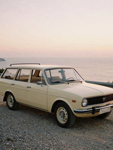 A vintage 1970s open-top travel car parked on a gravel shoulder overlooking a dramatic coastal road at sunset, soft warm golden light, 35mm film grain style.