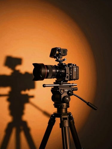 Tight, dynamic angle of a modern digital creator in a dark studio setting, adjusting a professional camera rig, dramatic shadows, vibrant warm orange-tinted backlighting, sharp focus, 35mm lens