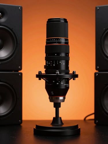 High-contrast studio shot of a digital creator adjusting high-end audio equipment under warm orange backlighting, deep blacks, sharp focus, 35mm lens.