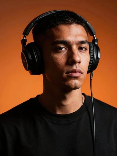 High-contrast studio portrait of an independent music artist with headphones, dramatic orange backlight, deep blacks, sharp focus, 35mm lens