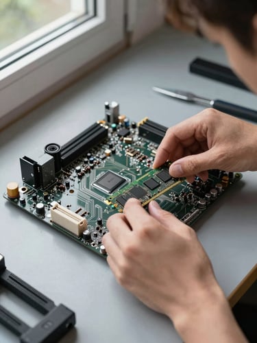 Close-up overhead view of a technician's hands installing a RAM module onto a motherboard on a grey workbench, natural north-facing daylight from a window to the left, circuit traces and capacitors in sharp focus, tools arranged at the edge of the frame