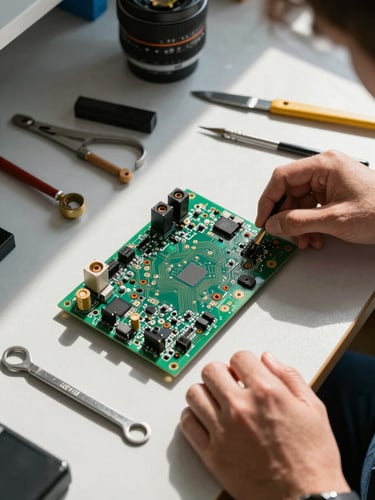 Overhead documentation shot of a repair workbench under north-facing daylight, a circuit board mid-installation with tools laid out methodically alongside, hands visible at the edge of frame positioning a component, natural shadows across the surface