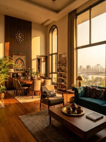 Wide-angle sun-drenched interior of a luxury apartment in Kolkata, modern Indian design, golden hour light, rich saturated tones, high contrast, warm editorial photography.