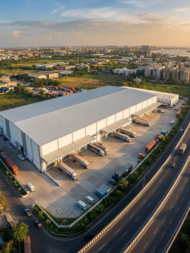 High-angle exterior shot of a modern logistics warehouse in Howrah under crisp daylight, showing scale and strategic location near a highway, wide-angle architectural lens, high contrast.