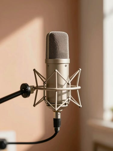 A professional microphone in a warm sunlit room, terracotta and beige background, soft focus, clinical elegance