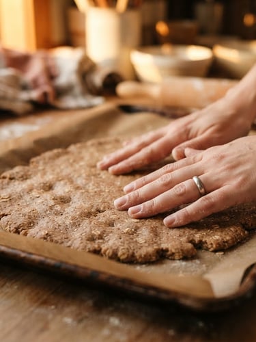 Close-up of hands gently pressing artisanal graham cracker dough onto a baking sheet, warm golden-hour light, shallow depth of field, rich cream and chocolate tones.