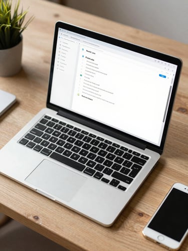 Overhead shot of a meticulously organized physical desk with a laptop displaying a clean Notion workspace, bathed in soft, natural morning daylight