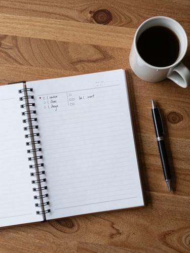 Overhead flat lay of an organized wooden desk, a clean paper planner with neat handwriting, a ceramic mug, and a pen, bathed in soft morning daylight.