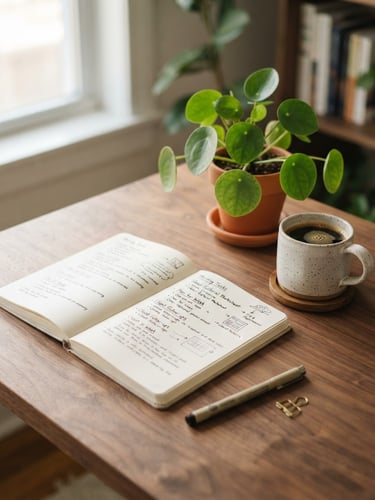 Medium-close shot of an organized wooden desk, an open notebook with neat handwriting, a ceramic coffee mug, and a small green plant in soft morning daylight.