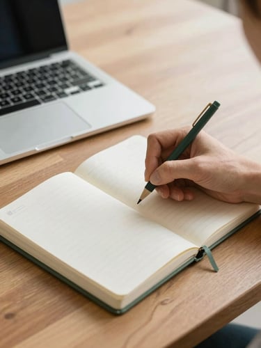 Close-up of hands writing in a physical planner next to a laptop on a clean wooden table, warm diffused daylight.