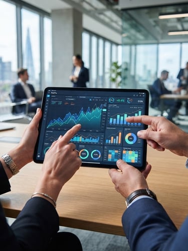 Close-up of a modern financial dashboard on a tablet, displaying dynamic charts and key performance indicators, hands pointing to data, in a high-tech corporate office setting, bright natural daylight, cool blue and slate tones, sharp focus, architectural depth.