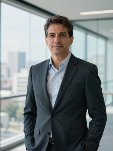 Professional portrait of a confident, middle-aged Brazilian financial consultant, wearing a dark suit, looking directly at the camera with a subtle smile. Modern office interior with glass walls and city view in the soft-focus background. Bright natural daylight, cool blue tones.