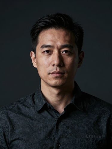 Low-key, high-contrast studio portrait of a professional male tech engineer in dark clothing, cool neutral highlights, dark charcoal background, highly focused gaze, 21:9 cinematic framing.