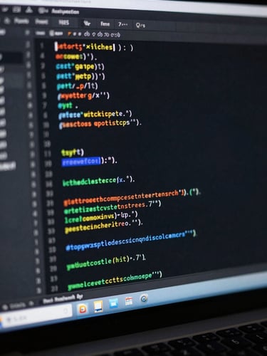 Macro shot of clean, dark-mode IDE with structured TypeScript code, neon syntax highlighting, shallow depth of field, professional tech workspace.