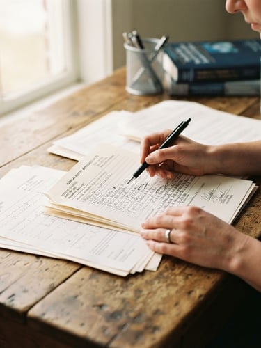 Close-up of hands reviewing medical reports and clinical history documents on a wooden desk, soft natural light from a window, shallow depth of field, 35mm