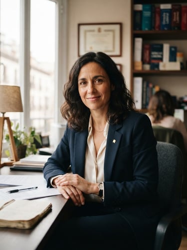 Portrait of a professional Spanish labor lawyer in a dark blue suit, empathetic expression, sitting in a bright office with soft natural window light, shallow depth of field, 35mm