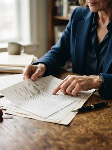 Close-up of a lawyer's hands analyzing legal documents on a wooden desk, soft natural window light, deep blue and muted tones, shallow depth of field, 35mm