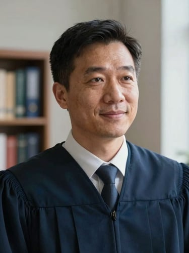 Portrait of a professional lawyer with an empathetic expression, looking slightly off-camera, warm natural light, office background with bookshelves, shallow depth of field, 35mm