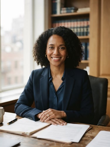 Warm editorial portrait of a professional lawyer in a natural light office, looking directly at the camera with an empathetic and reassuring expression, soft window lighting, deep blue tones, shallow depth of field, 35mm