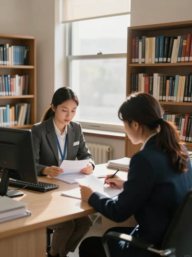 Environmental wide shot of a staff intake office in warm natural daylight, two case managers seated at a desk reviewing documents, bookshelves and a window behind them, documentary framing at eye level showing professionalism and calm focus