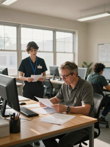 Wide-angle interior of a community workspace, a veteran seated at a desk reviewing documents under warm window light, a staff member standing nearby in a professional setting, natural daylight filling the room, documentary framing at eye level