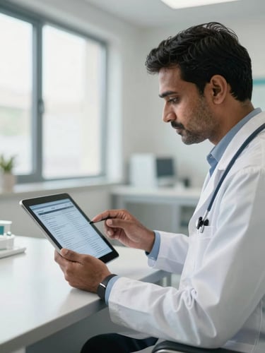 An Indian doctor in a bright, modern clinic reviewing digital patient records on a tablet during a consultation, natural daylight mixed with clean indoor lighting, medium shot.
