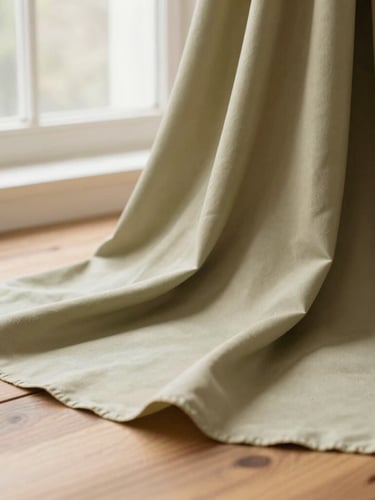 Close-up of premium olive and sand crepe fabric weaves gently draped over a wooden table under soft diffused window light, 35mm