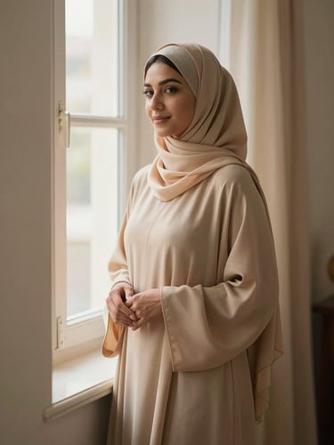 A modest Muslim woman in a soft beige abaya standing gracefully near a warm-lit window, warm editorial photography, soft natural window light, muted earth tones, elegant drapes, shallow depth of field, 35mm